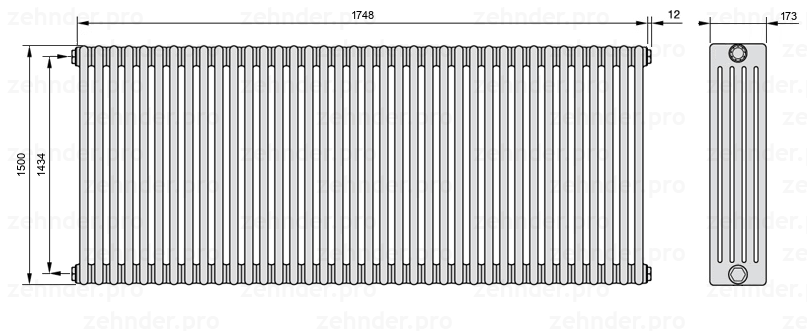 Схема (чертеж) Радиатор Zehnder Charleston 5150/38 №1270 Белый глянцевый RAL 9016